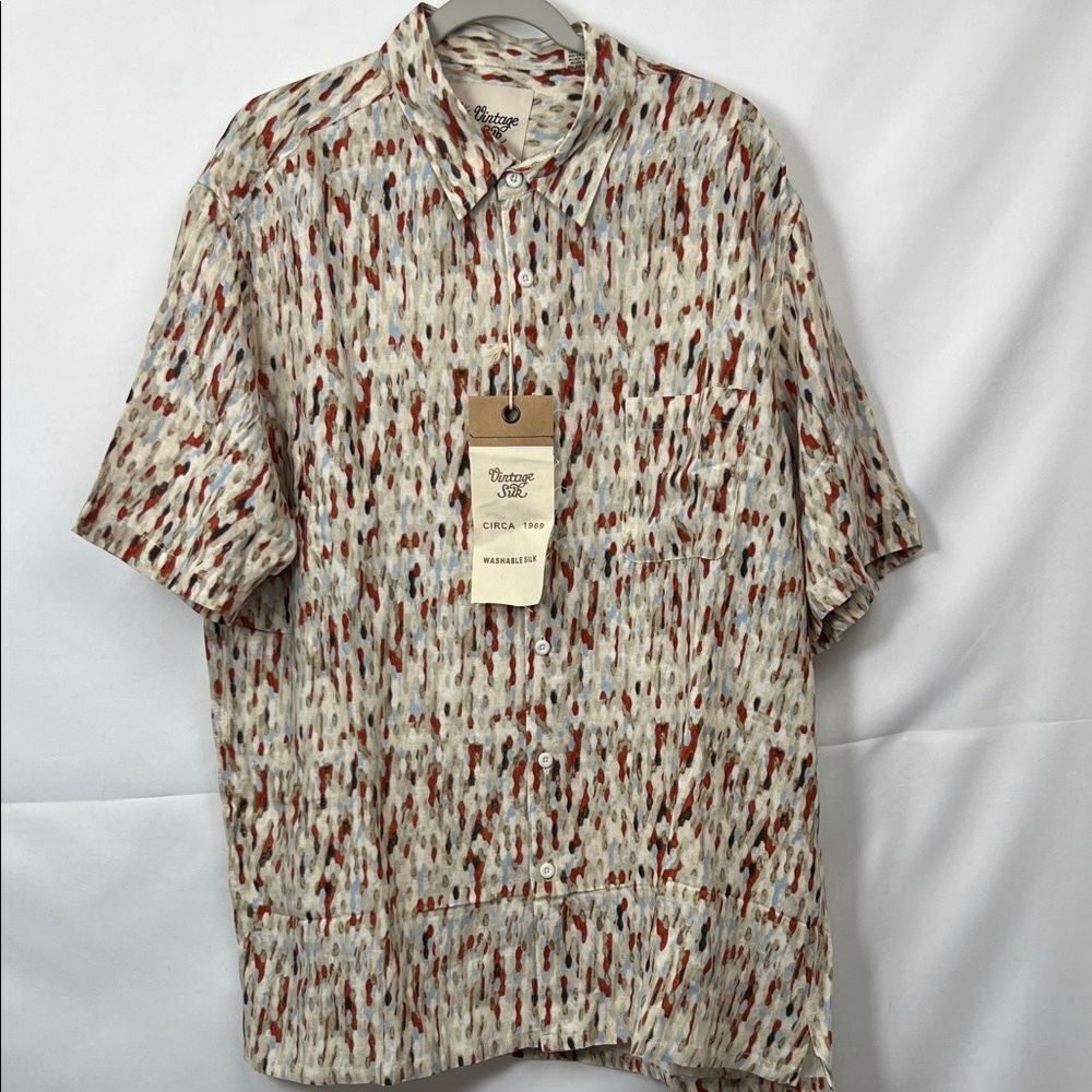 Vintage Silk cream rust blue patterned washable silk short sleeve shirt NWT XXL